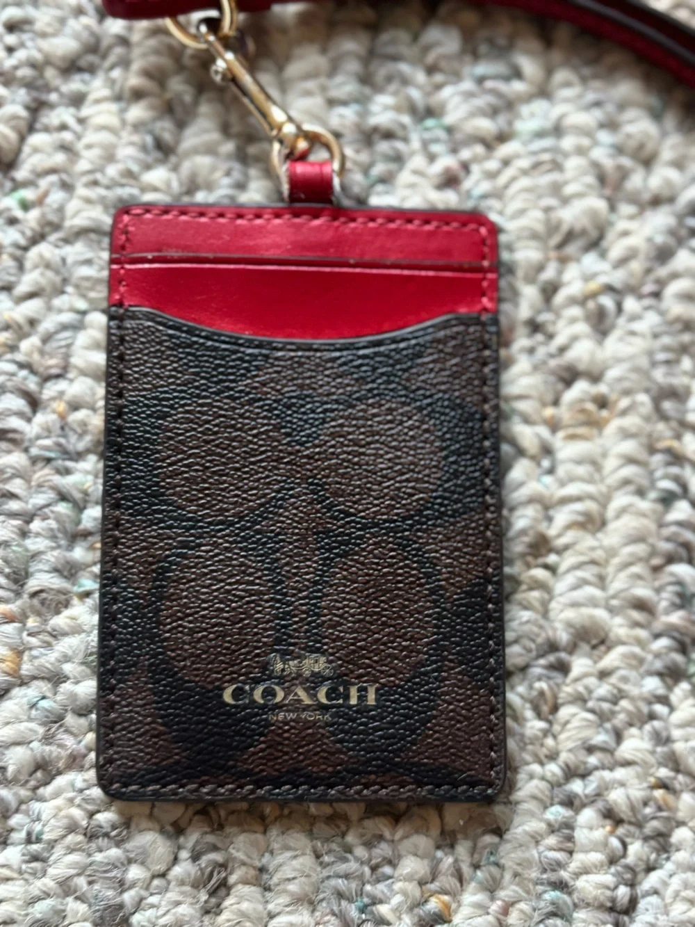 Coach Black Textured Leather Card Holder with Red Trim and Lanyard